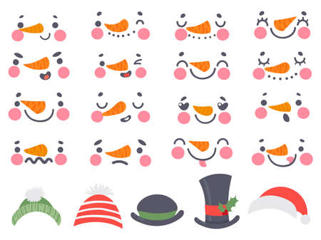 Snowman faces. Cute christmas snowmen heads with carrot nose, eyes and mouths. Happy new year 2021 and winter holidays cartoon vector set. Faces with different emotions and various hatsのイラスト素材