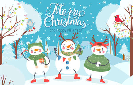 Snowman. Cute funny snowmen in winter clothes with gift and snowball outdoor. Christmas and happy new year greeting card vector background. Characters in scarf, hats and sweater under snowfallのイラスト素材