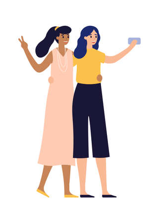 Girlfriends posing for photo on smartphone. Women taking selfie using mobile phone. Beautiful characters in elegant outfit spending time together taking photographs on gadget or deviceのイラスト素材