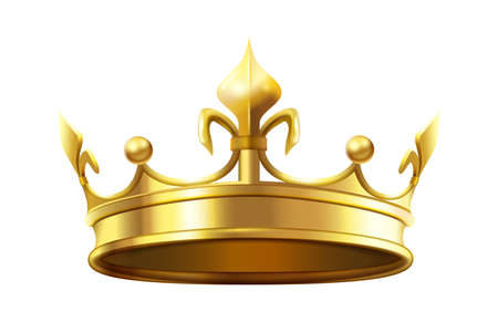 Royal crown for king and queen. Royalty and monarchy authority symbol, heraldic golden shiny element. Luxury 3d accessory for prince or princess isolated on white vector illustrationのイラスト素材