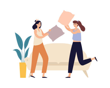 Women friends. Young girls pillow fighting. Female characters having night pajama party, entertainment. Teenagers spending leisure time in living room near sofa vector illustrationのイラスト素材