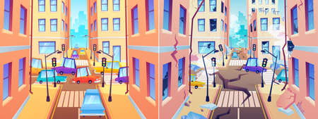 City street before and after earthquake. Damaged road and destroyed buildings. Town with good crossroad and after natural disaster with cracked ground. Cataclysm vector illustrationのイラスト素材