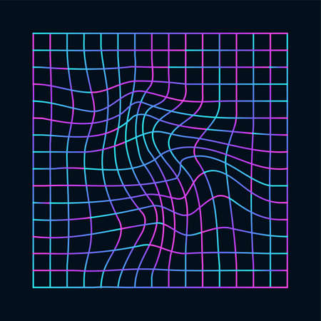 Cyberpunk distorted neon grid. Synthwave, vaporwave. Technology background with different colors, holographic laser grid. Trendy retro 80s, 90s style, futuristic element vector illustrationのイラスト素材