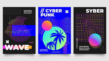 Cyberpunk poster. Futuristic background with summer sunset and palm trees in circle frame. Striped figures and geometric shapes for music album cover, event vector illustration setのイラスト素材