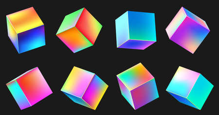 Holographic realistic 3D metal cube set. Neon color geometric element in different positions. Square with bright colorful gradients collection isolated on black vector illustrationのイラスト素材
