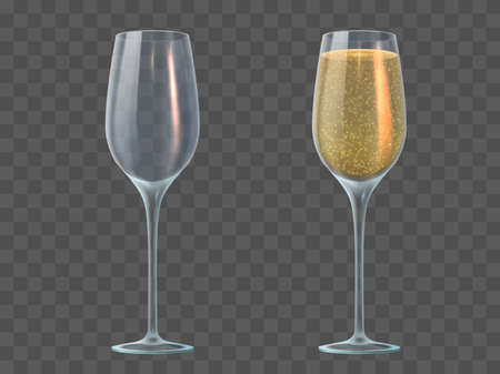 Champagne glass. Fill and empty transparent wineglasses with sparkling wine. Valentine day, christmas and wedding 3d realistic vector mockup. Illustration champagne glass liquid drinkのイラスト素材