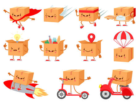 Cardboard box character. Fast delivery service mascot. Cartoon boxes with faces. Shipping package on parachute. Happy purchase vector set. Mascot package box for delivey service illustrationのイラスト素材