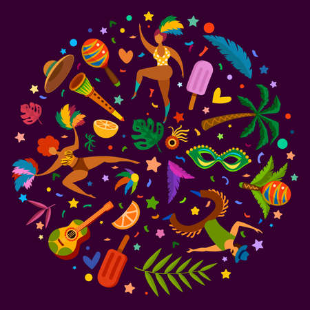 Rio carnival. Brazilian dance festival poster with masquerade elements, musical instruments, masks and feathers, confetti. Vector flyer carnival party badge, celebration entertainment illustrationのイラスト素材