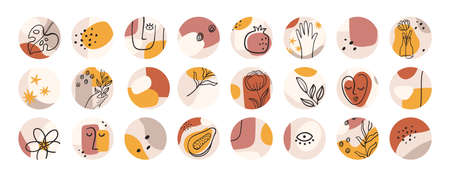 Abstract highlight covers. Contemporary shapes and minimalist line woman face. Round icons for bloggers social media stories, vector set. Highlight fashion lifestyle, flower contemporary round storiesのイラスト素材