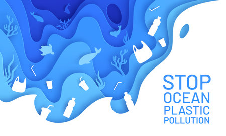 Ocean pollution paper art. Poster plastic waste, bottle and bag in sea with fish and turtle. Paper...