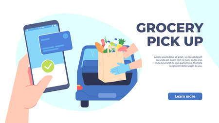 Grocery pickup. Safe shopping in store, order online and curbside pick up without leaving car. Hand phone orders food vector concept. Illustration service pick up shopping application, online orderのイラスト素材