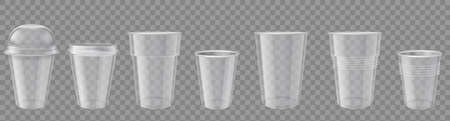 Plastic cup. Realistic transparent disposable cups with cap. Empty drink containers mockup. Packages for coffee or cold beverage vector set. Disposable clean cup with lid or cap illustrationのイラスト素材