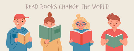 Kids read books and learn. Happy reading people, girls and boys with book. Cartoon banner for...