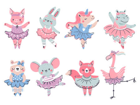 Ballet animals. Bunny, fox and unicorn ballerina in scandinavian style. Pig, bear, hippo and flamingo dance in tutu. Girl fashion vector set. Ballerina animal in dress, cute bunny dancer illustrationのイラスト素材