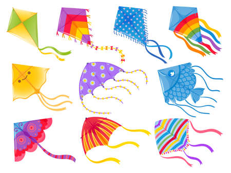 Cartoon kites. Wind flying toy with ribbon and tail for kids. Makar Sankranti. Butterfly, fish and rainbow kite shape and design, vector set. Illustration wind kite game, summer flying toyのイラスト素材