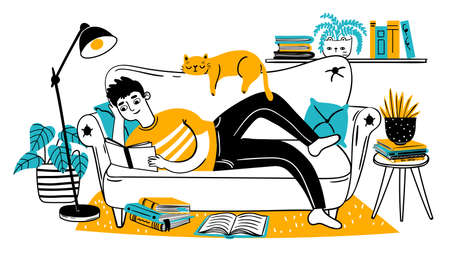 Man reading book on couch. Relaxed adult reads on sofa with cat at home. Hand drawn reader enjoying hobby. Leisure lifestyle vector concept. Man on couch study with book illustrationのイラスト素材
