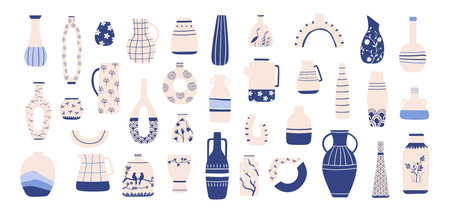 Chinese porcelain vase. Antique blue chinoiserie ceramic with oriental pattern. China vases, jugs, teapots and jars for interior, vector set. Illustration vase porcelain decoration, ceramic ancientのイラスト素材