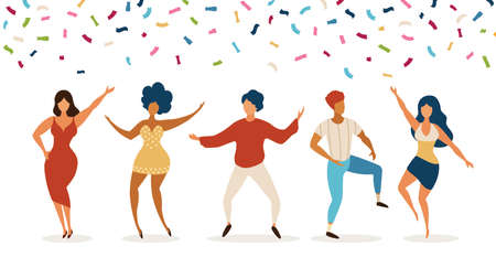 Dancers. Group of young people dancing in club. Celebration party with confetti. Happy teens dance, jump together. Funny vector characters. Illustration young people group in clubのイラスト素材
