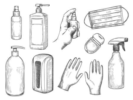 Sketch sanitizer bottle. Personal protective equipment. Medical mask, gloves, liquid soap and antibacterial spray. PPE hand drawn vector set. Illustration sanitizer bottle against virusのイラスト素材