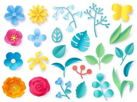 Paper cut plant leaves. Realistic 3d origami twigs, flowers, branches and grass. Spring and summer pastel blossom. Floral craft vector set. Colorful petals and bright butterfly for decorのイラスト素材