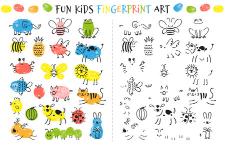 Fingerprint game for kids. Fun educational activity for children study to paint with fingers. Doodle animals and insects drawing vector set as bee, elephant, frog, cow, butterfly and catのイラスト素材