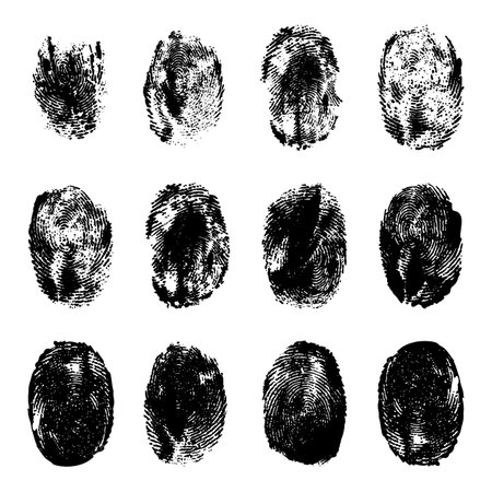 Finger prints. Human realistic black ink fingerprints. Grunge hand mark texture. Identification individual imprint thumb lines vector set. Unique mark with curves and swirls. Personal imprintのイラスト素材