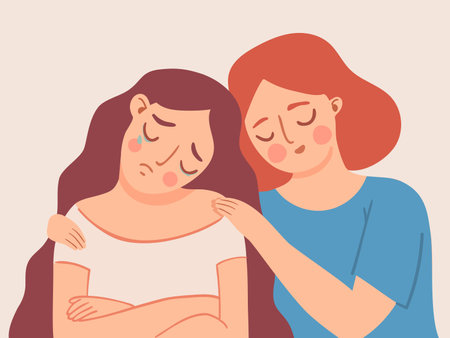 Compassion friend. Woman comfort sad girl. Women empathy talk and friends support. Depression, stress or anxiety therapy help vector concept. Upset crying character, hugging shouldersのイラスト素材