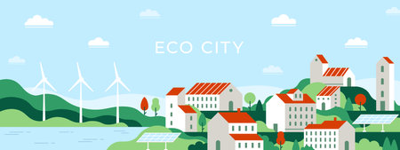 Eco city. Urban landscape of future town use alternative energy sources solar panel and windmills. Save environment ecology vector concept. Town with green wild nature and renewable energyのイラスト素材