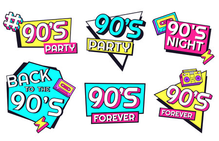 Back to 90s. Memphis style labels for invitation cards for party with geometric shapes as triangle, rectangle and cassette and record player, forever 90s isolated set vector illustrationのイラスト素材