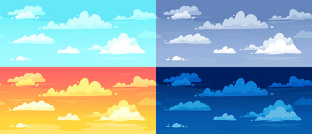 Cartoon cloudy skies in different parts of day background illustration set. Morning, evening and night landscape with gradient sky. Colorful dar and light heaven in summer, winter, autumn and springのイラスト素材