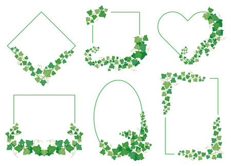 Ivy green leaves frames. Borders from evergreen plants of different shapes isolated on white background. Twig vine branches on rhombus, square, ellipse, heart and rectangle set vector illustrationのイラスト素材