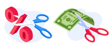 Rate cut concept. Scissors cutting dollar banknote and percentage. Economic crisis, money banking nominal recession. Financial and economical term symbols cartoon vector illustrationのイラスト素材