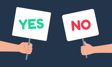 Yes and no signs banner in human hand. People having choice, hesitate to answer, dispute, opposition. Green positive and red negative signboard in arms, decision cartoon vector illustrationのイラスト素材