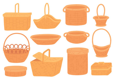 Wicker baskets. Empty straw basket for picnic, grocery or gift. Handmade round bamboo hamper and box. Trendy flat rattan basketry vector set. Illustration basket wicker handmade for picnicのイラスト素材