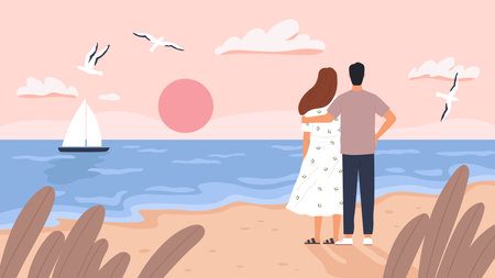 Couple at sea sunset. Man and woman on date at summer beach. Seascape with boat, gulls and tourists. Romantic wedding travel vector concept. Sea coast beach, love romantic together illustrationのイラスト素材