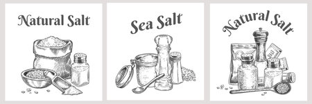 Sea salt labels. Natural and organic salting crystals for bath. Cooking poster with seasoning. Vintage spice or salt packaging vector design. Illustration cooking natural salt, salting bannerのイラスト素材