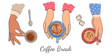 Hands holding coffee cups. Top view of female hand holds mug with hot morning drink, latte and espresso. Women friends meeting vector poster. Illustration female hand with coffee cupのイラスト素材