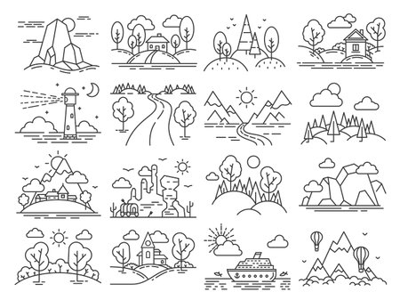 Line icon landscape. Outline cabin in forest, mountain, sea linear, air balloons in sky and lighthouse. Nature country tourism vector set. Illustration nature forest, natural mountain and lighthouseのイラスト素材