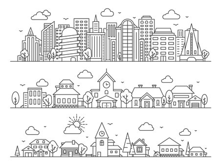 Line city, town and village. Landscape panoramas with skyscrapers, cottages and countryside houses. Urban and rural streets vector concept. Urban building line, house architectureのイラスト素材