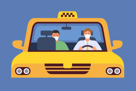 Taxi driver in mask. Virus protection in taxicab service. Passenger sit in distance. Chauffeur and client in taxi, new normal vector concept. Illustration taxi driver in mask traffic vehicleのイラスト素材