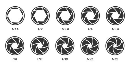 Camera lens aperture size set, black white style. Vector focus camera, optical photography objective, shutter aperture illustrationのイラスト素材