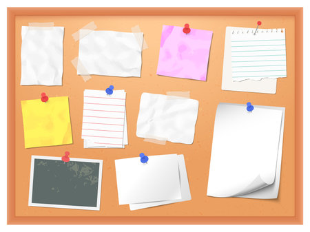 Cork board with pinned notes. Vector pin memo for office note, corkboard to reminder post message illustrationのイラスト素材