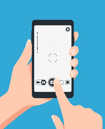 Taking photo with smartphone. Vector photo screen, photograph wth telephone, mobile phone smartphone shoot photo illustrationのイラスト素材