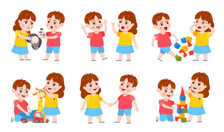 Brother and sister fight. Cartoon siblings angry, quarrel and cry. Kids fighting over a toy, playing together and holding hands vector set. Arguing boy and girl having rivalry, conflictのイラスト素材