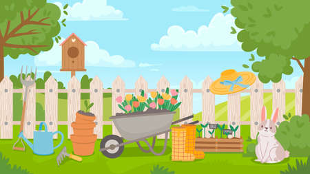 Garden landscape with tools. Cartoon spring poster with yard and fence, wheelbarrow, flowers, seedling and pots. Gardening vector concept. Birdhouse, gumboots and watering can on grassのイラスト素材