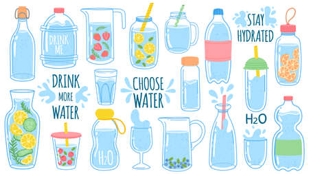 Cartoon water bottles. Detox drinks with lemon and cucumber. Sports and glass bottle and glasses with liquids. Drink more water vector set. Stay hydrated. Jar and cup with straw with liquidのイラスト素材