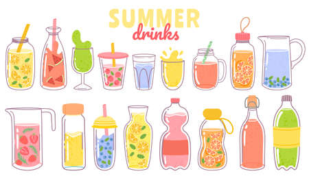 Cartoon juice and lemonade. Refreshing summer drinks with lemon in glass, bottle or jug. Fruit or berry beverages and cocktails vector set. Cup with straw, citrus and mint leaves isolatedのイラスト素材
