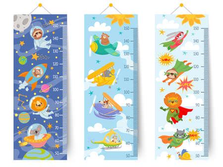 Kids height chart. Cartoon wall ruler for children with animals astronaut in space, pilots in sky and superheroes, sticker meter vector set. Growth measurement at school or kindergartenのイラスト素材