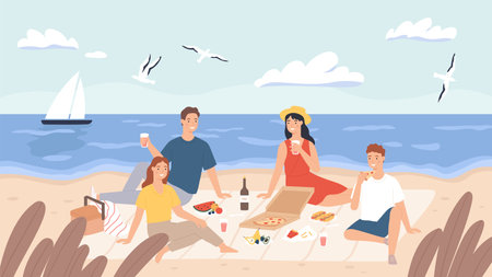Picnic at beach. Group of friends chill and eat food on sea shore. Happy men and women have lunch outdoor. Holiday on seaside vector concept. People drinking wine, tasting pizza, flying seagullsのイラスト素材