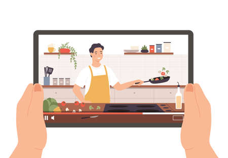 Cooking video. Hands holding tablet with culinary broadcast, show or online lesson. Chef preparing food in kitchen interior vector concept. Man character in apron frying vegetables on panのイラスト素材
